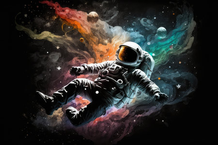 artistic astronaut floating in zero gravity, surrounded by stars and planets, created with generative aiの素材