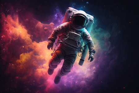 artistic astronaut floating through space among vibrant nebulae and stars, created with generative aiの素材
