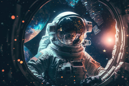 astronaut in futuristic space station, surrounded by glittering stars, created with generative aiの素材