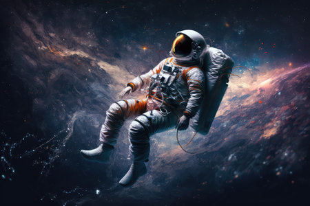 artistic astronaut, floating in zero gravity, with view of distant galaxies and stars, created with generative aiの素材
