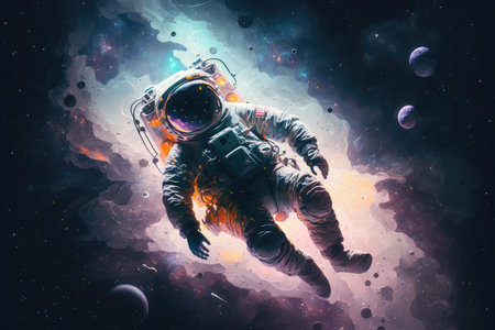 artistic astronaut floating in the depths of space, surrounded by stars and galaxies, created with generative aiの素材