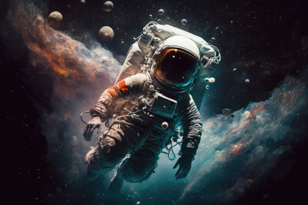 artistic astronaut, floating among stars and galaxies in outer space, created with generative aiの素材
