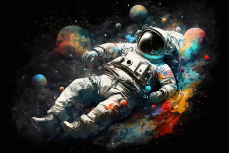 artistic astronaut floating in space, surrounded by stars and planets, created with generative aiの素材