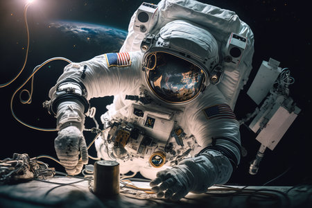 astronaut performing delicate task in microgravity, with tools and materials floating around, created with generative aiの素材
