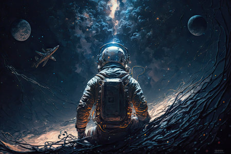 in the void of space, an astronaut and their spacecraft surrounded by a starry night sky, created with generative aiの素材