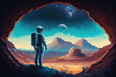 astronaut, with view of alien world in the background, painting surreal landscape, created with generative aiの素材