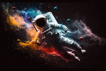 artistic astronaut floating through space surrounded by stars and planets, created with generative aiの素材