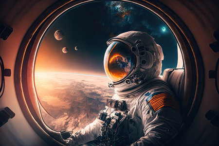 astronaut, with view of planet and stars in the background, taking artistic photo of his or her journey, created with generative aiの素材