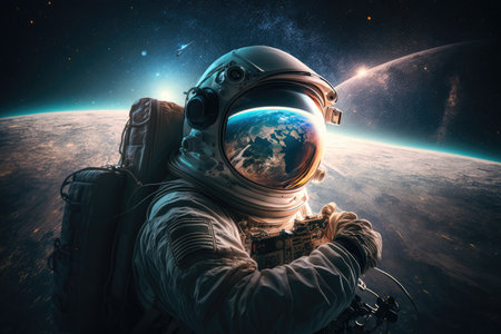 astronaut, with view of planet and stars in the background, taking artistic photo of his or her journey, created with generative aiの素材
