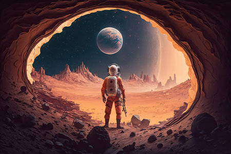 astronaut, exploring alien world of strange and wondrous sights, created with generative aiの素材
