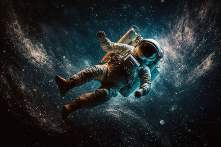 artistic astronaut floating in zero gravity, surrounded by starry nighttime sky, created with generative aiの素材