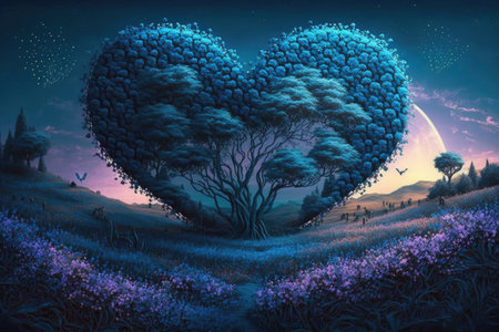 landscape with trees and glowing blue heart of flowers, created with generative aiの素材
