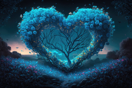 landscape with trees and glowing blue heart of flowers, created with generative aiの素材