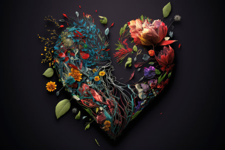 abstract art of heart from flowers in shape of broken heart, created with generative aiの素材