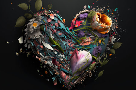 abstract art of heart from flowers in shape of broken heart, created with generative aiの素材