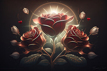 symbol of love in form of roses and hearts on dark background with rays, created with generative aiの素材