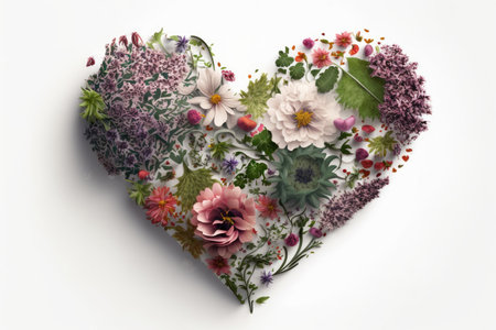 romantic symbol of heart made of flowers on white background, created with generative aiの素材