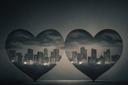 imaged hearts over city deserted at night in gray tones, created with generative aiの素材