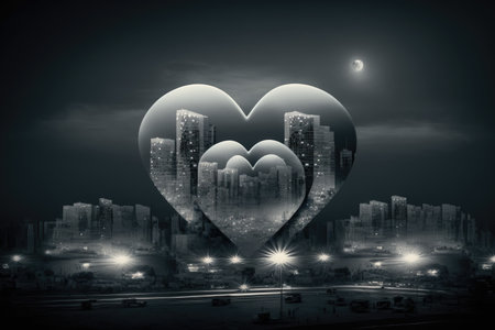 imaged hearts over city deserted at night in gray tones, created with generative aiの素材