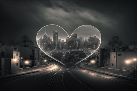 imaged hearts over city deserted at night in gray tones, created with generative aiの素材