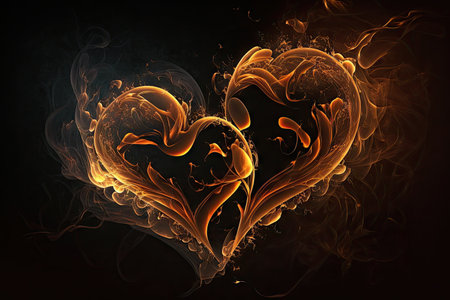 orange burning hearts symbolizing love in painting on dark background, created with generative aiの素材