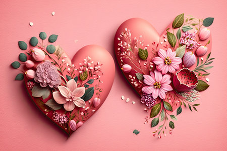 lovely romantic painted valentines day hearts on pink background with flowers, created with generative aiの素材