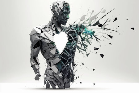 shattered abstract human figure with open heart on white background, created with generative aiの素材