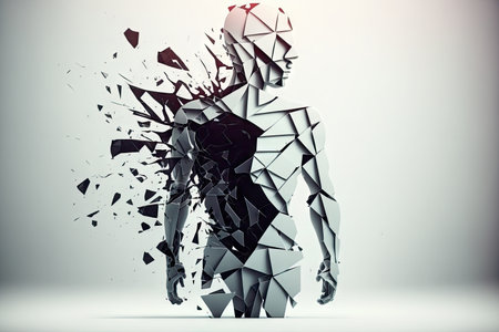 shattered abstract human figure with open heart on white background, created with generative aiの素材