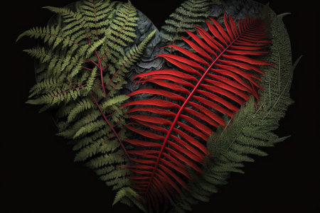 humble bright red heart with fern on dark background art of heart, created with generative aiの素材