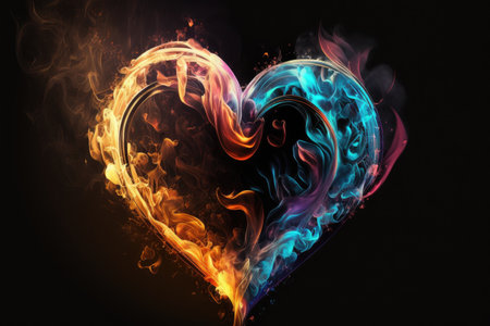 abstract colorful heart in flames as symbol of human feelings and love art of heart, created with generative aiの素材