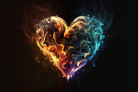 abstract colorful heart in flames as symbol of human feelings and love art of heart, created with generative aiの素材