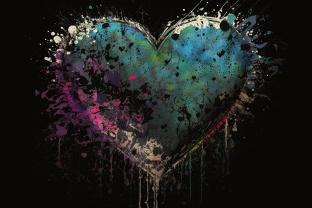 grunge valentines heart with paint of hearts on black background, created with generative aiの素材