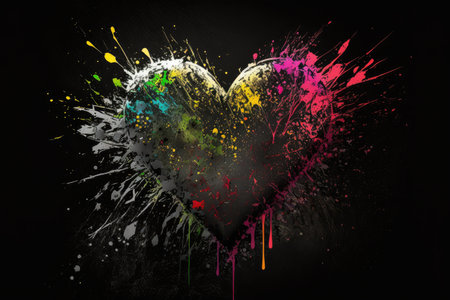 grunge valentines heart with paint of hearts on black background, created with generative aiの素材