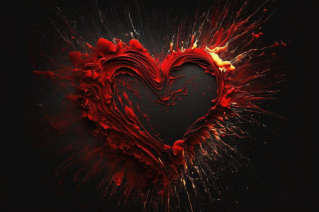 abstract bright red shape in paint work on black background art of heart, created with generative aiの素材
