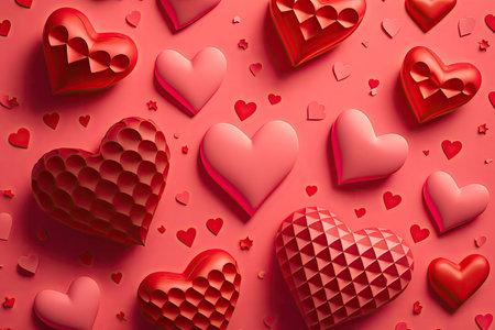 spread out red heart pattern over pink background, created with generative aiの素材