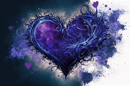 abstract art of heart in form of purple decoration with indigo spots, created with generative aiの素材