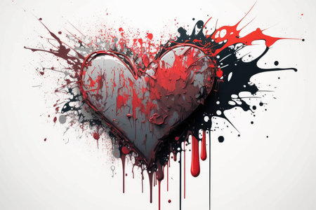 abstract heart in work of art with splashes and drops of red paint, created with generative aiの素材
