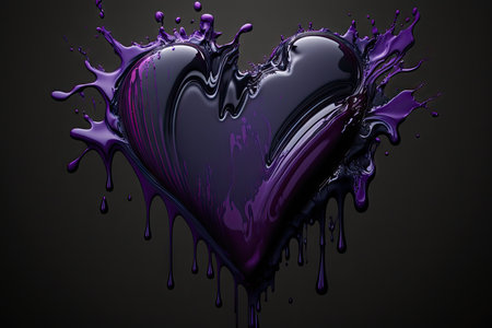 abstract beautifying heart symbol in form of dark purple paint on black background, created with generative aiの素材
