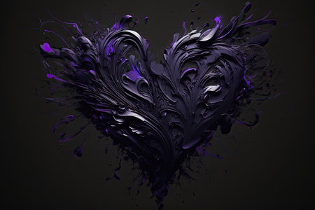 abstract beautifying heart symbol in form of dark purple paint on black background, created with generative aiの素材