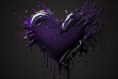 abstract beautifying heart symbol in form of dark purple paint on black background, created with generative aiの素材