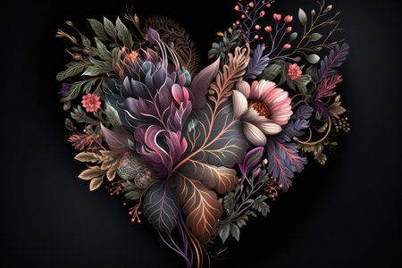 original bouquet of flowers in form of beautiful art of heart on dark background, created with generative aiの素材