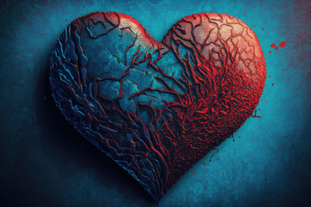 red texture heart on blue background art of heart, created with generative aiの素材