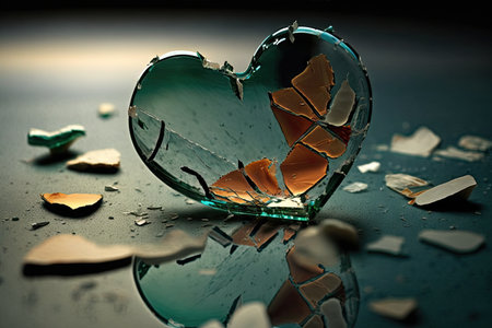 broken heart in trash and splinters of glass on floor art of heart, created with generative aiの素材