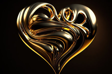 image of heart in shiny gold yellow tones on dark background, created with generative aiの素材
