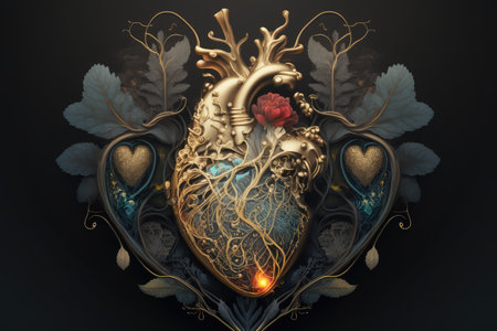 abstract image of human heart with decorations and appliques on dark background, created with generative aiの素材