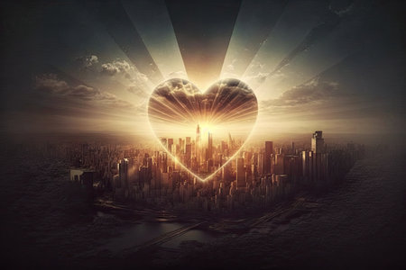 heart rising above city in rays of sun on dark background, created with generative aiの素材