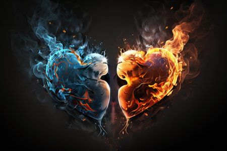 two hearts in flames on grey black background digital illustration, created with generative aiの素材
