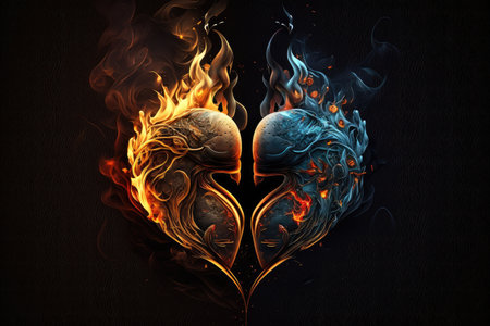 two hearts in flames on grey black background digital illustration, created with generative aiの素材