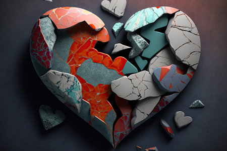 fractured multicolored hearts in red marble pattern on grey background, created with generative aiの素材