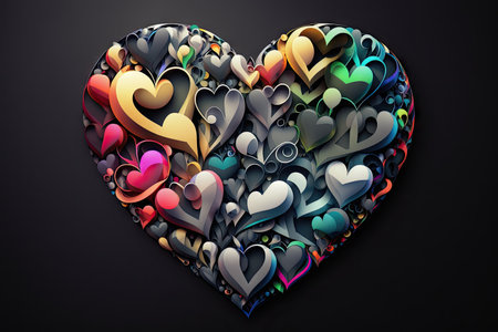 abstract art of heart in form of beautiful multi-colored hearts isolated on dark gray background, created with generative aiの素材